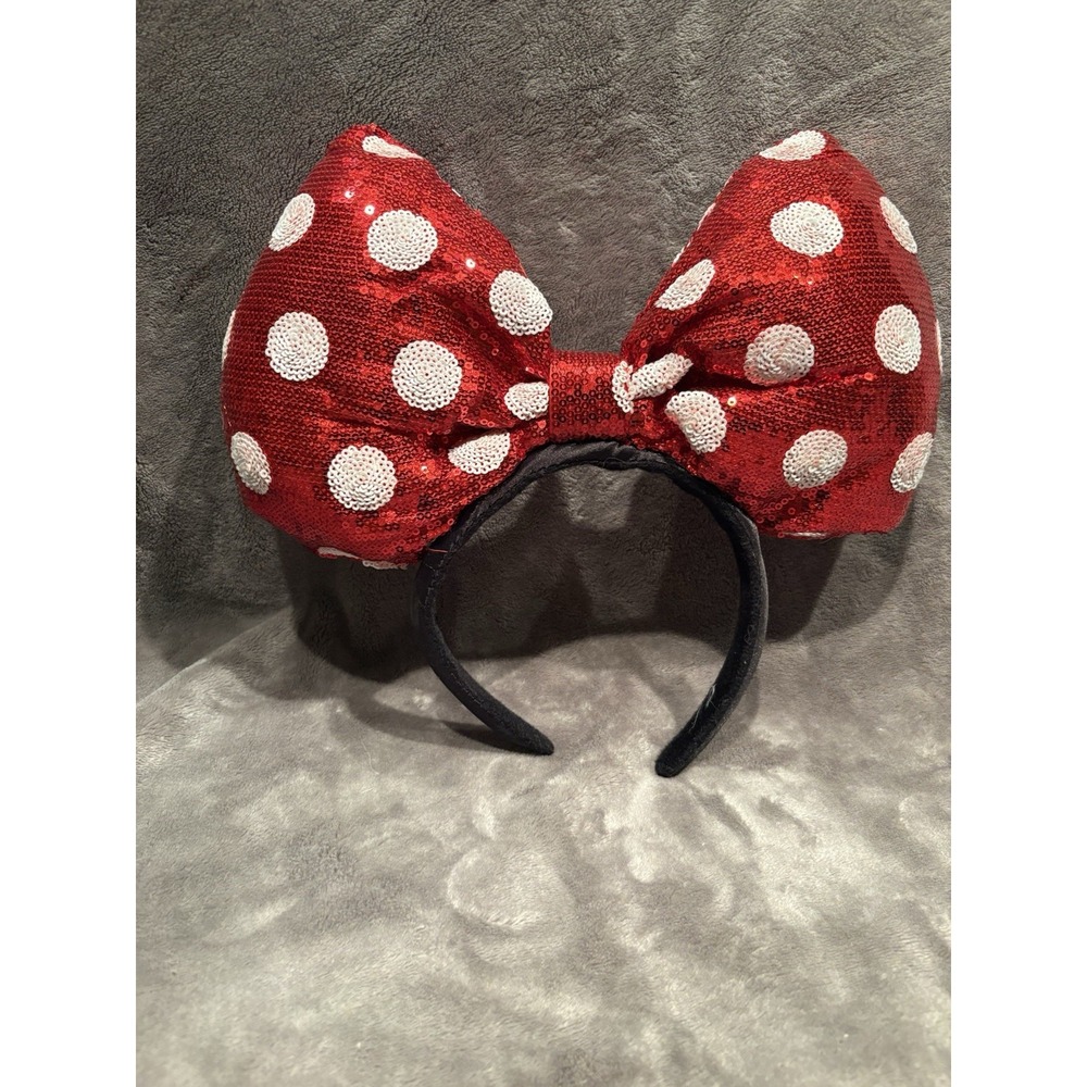 Disney Parks Large Bow Minnie Mouse Red White Polka Dot Sequin Bow Headband